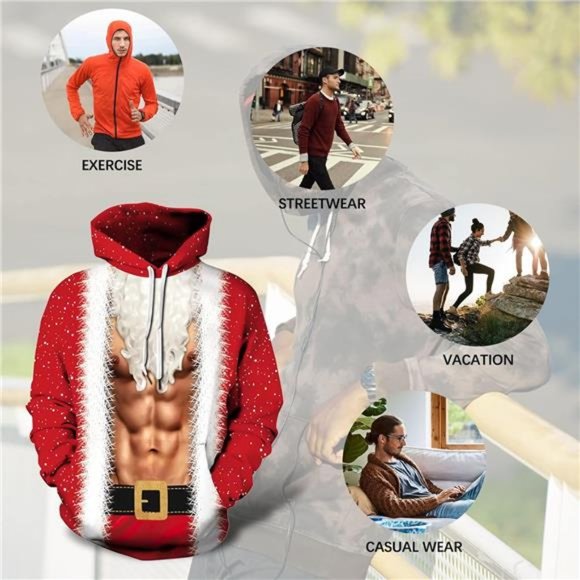 Men Hoodies Hooded Sweatshirt Christmas & Thanksgiving Pullover Hoody - Picture 5 of 5